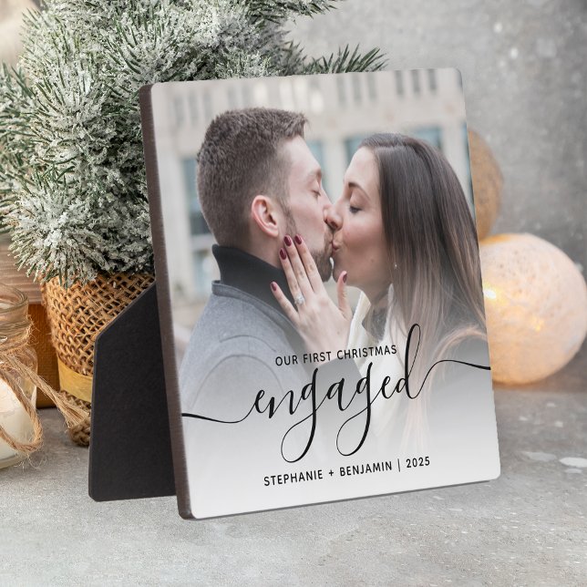 First Christmas Engaged Photo Black Script Plaque (Creator Uploaded)
