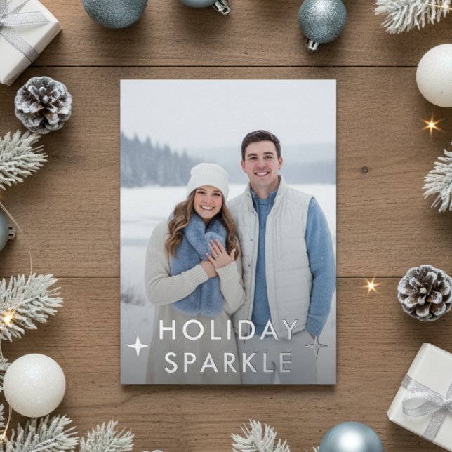 First Christmas Engaged Photo Blue Foil Holiday Card (Creator Uploaded)