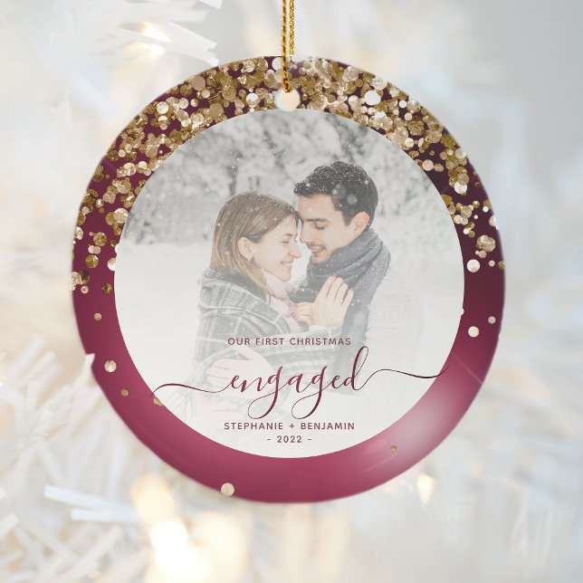 First Christmas Engaged Photo Burgundy Gold Ceramic Ornament (Creator Uploaded)