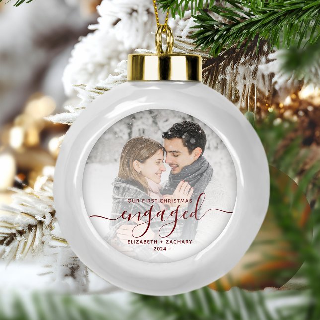 First Christmas Engaged Photo Burgundy Script Ceramic Ball Christmas Ornament (Creator Uploaded)