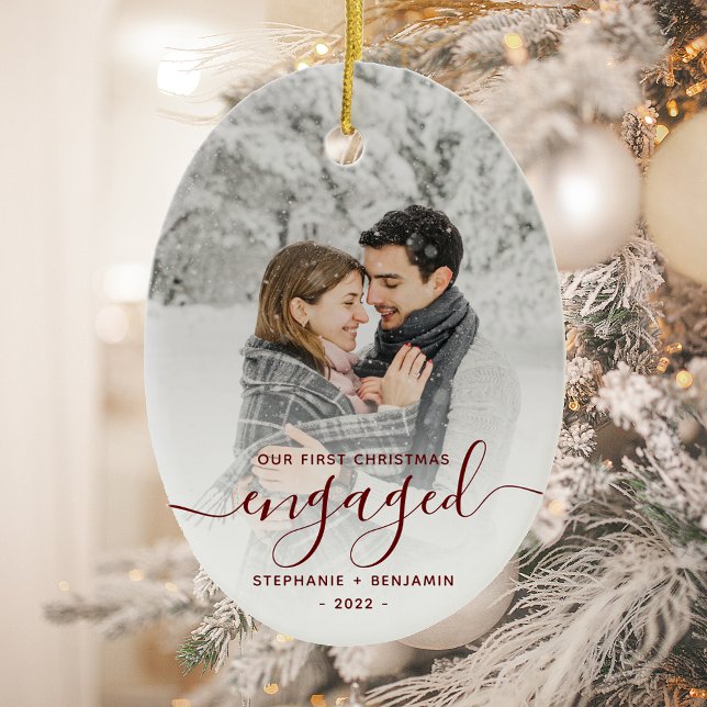 First Christmas Engaged Photo Burgundy Script Ceramic Ornament (Creator Uploaded)
