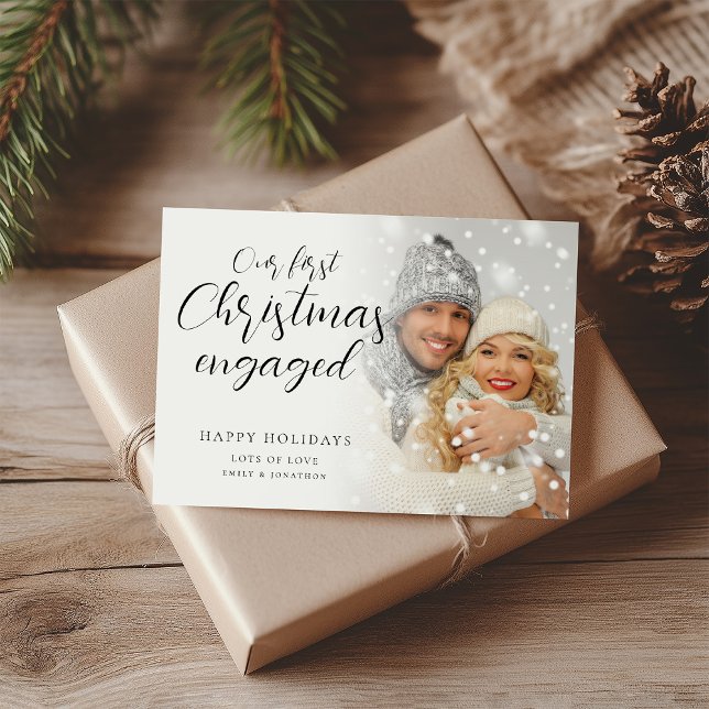 First Christmas Engaged Photo Calligraphy  Holiday Card (Creator Uploaded)