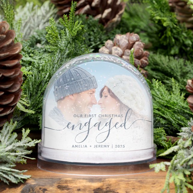 First Christmas Engaged Photo Dusty Blue Script Snowglobe (Winter)