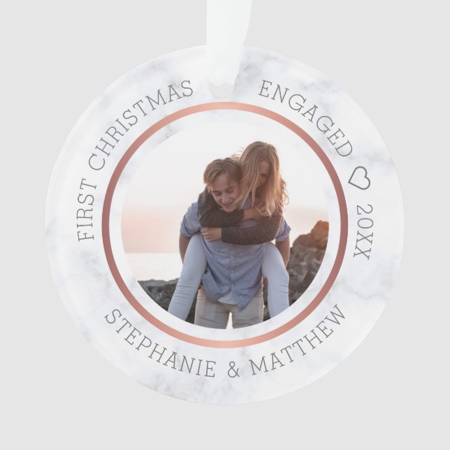 First Christmas Engaged Photo Elegant Marble Ornament (Front)