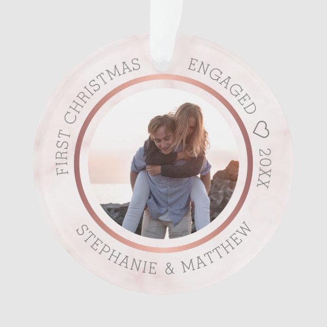 First Christmas Engaged Photo Elegant Pink Marble Ornament (Front)