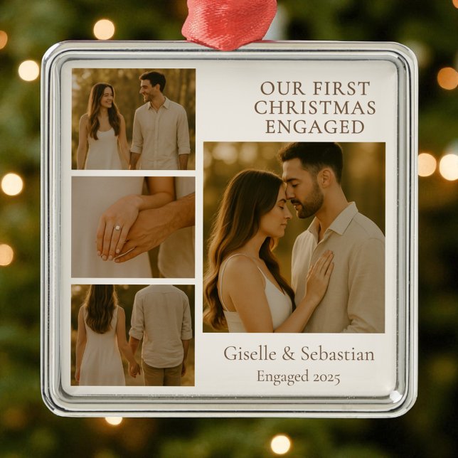 First Christmas Engaged Photo Engagement Collage  Metal Ornament (Creator Uploaded)