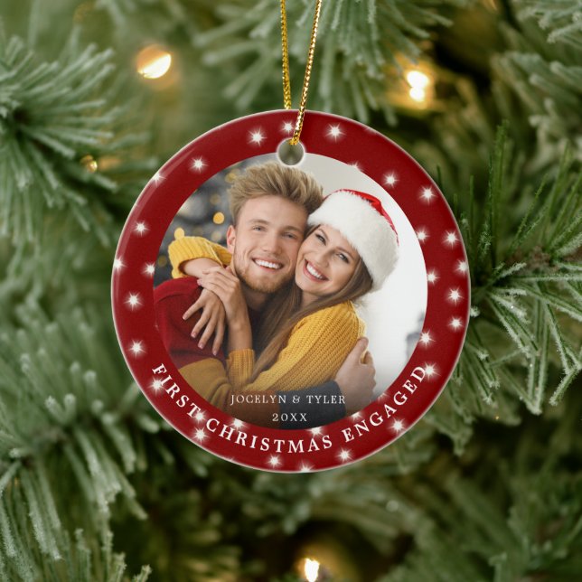 FIRST CHRISTMAS ENGAGED Photo Fairy Lights Red Ceramic Ornament (Tree)