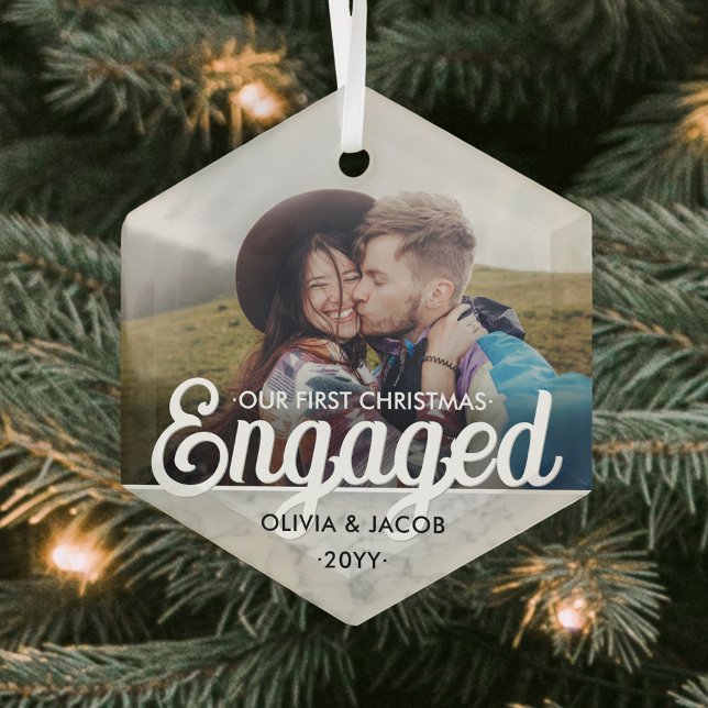 First Christmas Engaged Photo Faux Marble Hexagon Glass Tree Decoration (Creator Uploaded)