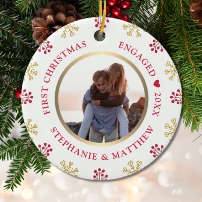 First Christmas Engaged Photo Festive Holiday Ceramic Ornament (Creator Uploaded)