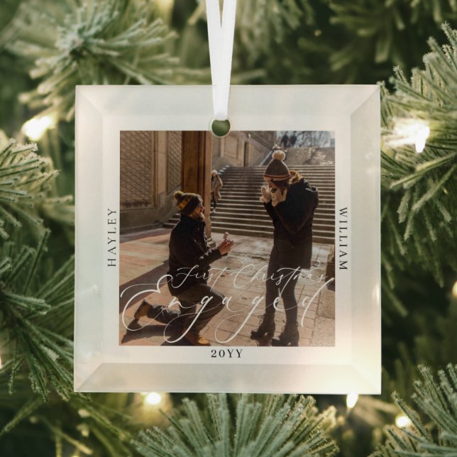 First Christmas Engaged Photo Glass Tree Decoration (Insitu)
