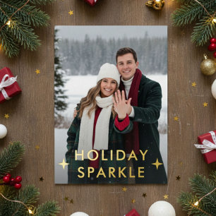 First Christmas Engaged Photo Green Foil Holiday Card