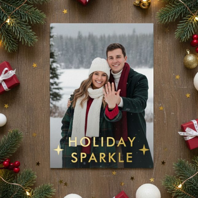 First Christmas Engaged Photo Green Foil Holiday Card (Creator Uploaded)