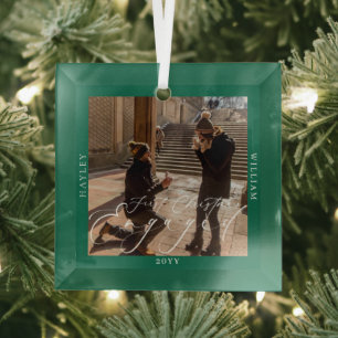 First Christmas Engaged Photo Green Glass Tree Decoration