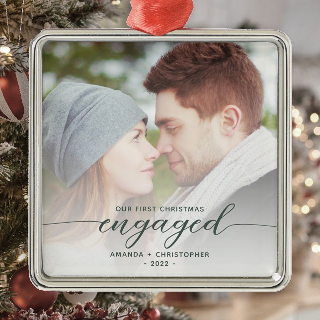 First Christmas Engaged Photo Green Modern Script Metal Ornament (Creator Uploaded)