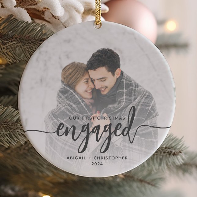 First Christmas Engaged Photo Grey Script Ceramic Ornament (Creator Uploaded)