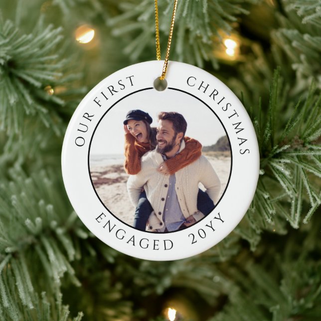 First Christmas Engaged Photo Keepsake Ceramic Ornament (Tree)
