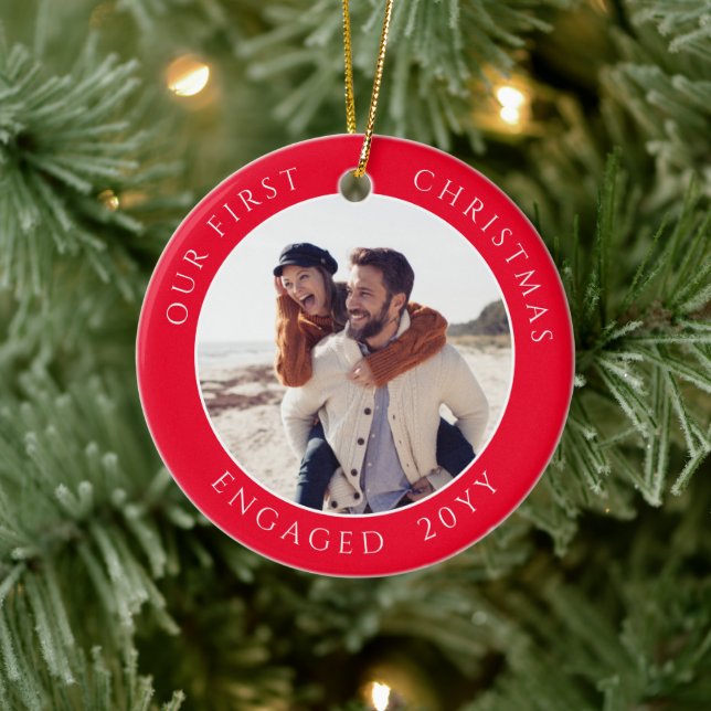 First Christmas Engaged Photo Keepsake Ceramic Ornament (Tree)