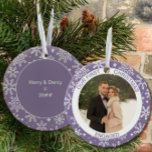 First Christmas Engaged Photo Lavender Snowflake Ceramic Ornament<br><div class="desc">Our First Christmas ornament personalised with your photo and custom text. This holiday ornament is lavender and decorated with white snowflakes. It is lettered with "our first christmas engaged" and you are welcome to edit "engaged" to wording of your choice. The back has more snowflakes and copyspace for you to...</div>