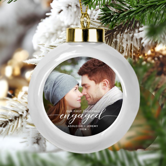 First Christmas Engaged Photo Modern White Script Ceramic Ball Christmas Ornament (Creator Uploaded)