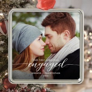 First Christmas Engaged Photo Modern White Script Metal Ornament