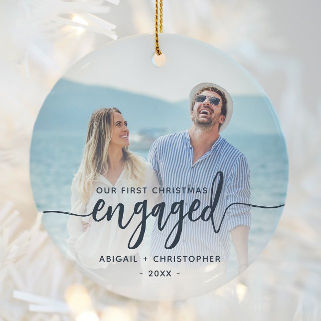 First Christmas Engaged Photo Navy Blue Script Ceramic Ornament (Creator Uploaded)