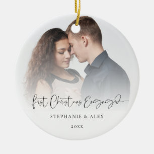 First Christmas Engaged Photo Overlay Names Year Ceramic Ornament