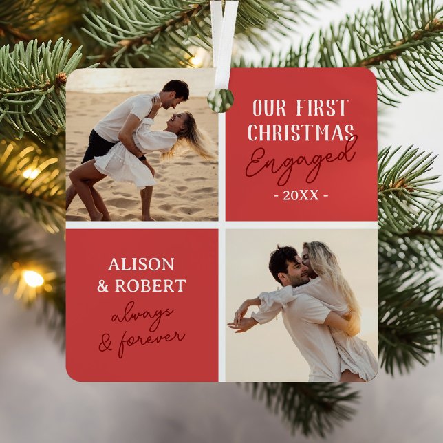 First Christmas Engaged Photo Red Holiday Metal Tree Decoration (Creator Uploaded)