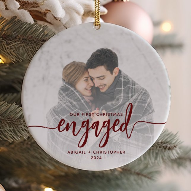 First Christmas Engaged Photo Red Script Ceramic Ornament (Creator Uploaded)