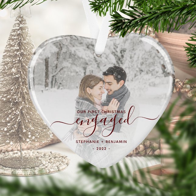 First Christmas Engaged Photo Red Script Heart Ornament (Creator Uploaded)