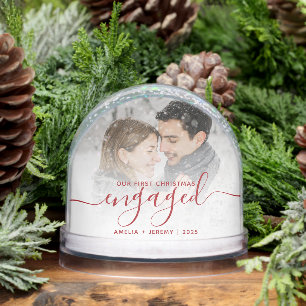 First Christmas Engaged Photo Red Script Snowglobe