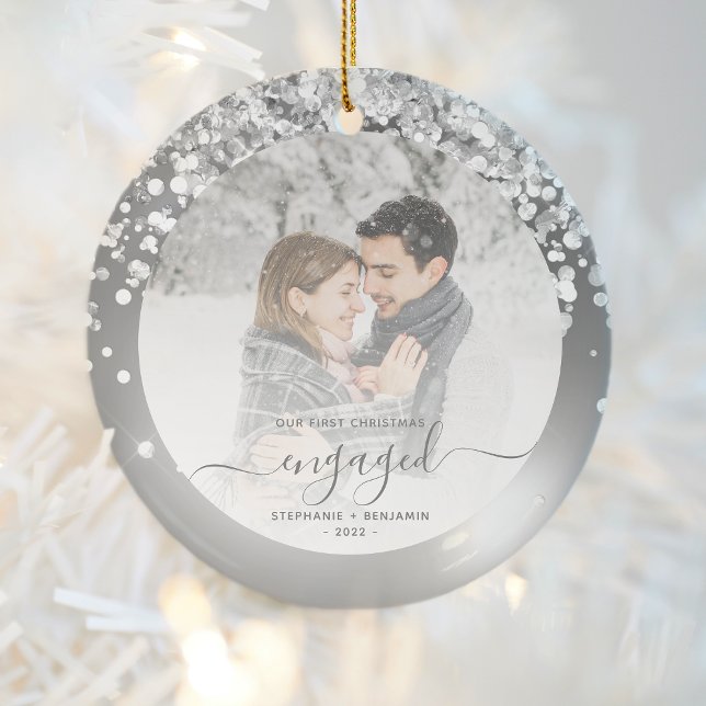 First Christmas Engaged Photo Silver Faux Glitter Ceramic Ornament (Creator Uploaded)