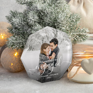 First Christmas Engaged Photo White Script Block