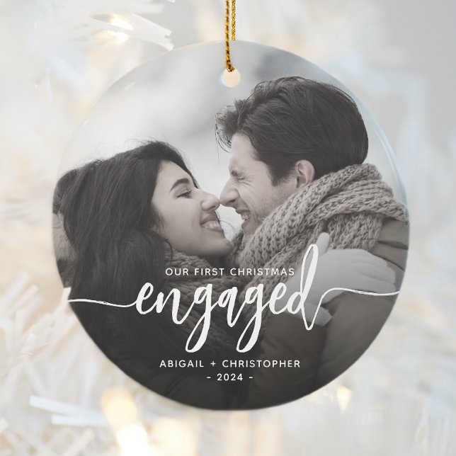 First Christmas Engaged Photo White Script Ceramic Ornament (Creator Uploaded)
