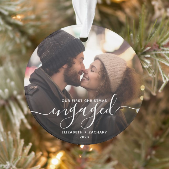 First Christmas Engaged Photo White Script Ornament (Tree)