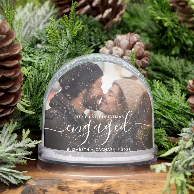 First Christmas Engaged Photo White Script Snowglobe (Winter)