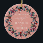 First Christmas Engaged Photo Wreath Ceramic Ornament<br><div class="desc">Romantic ornament for engaged or married couple features beautiful Christmas wreath. You can easily add your photo to one side of the ornament,  and your names to the other side of the ornament,  and change the background colour if you like.</div>