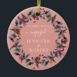 First Christmas Engaged Photo Wreath Ceramic Ornament<br><div class="desc">Romantic ornament for engaged or married couple features beautiful Christmas wreath. You can easily add your photo to one side of the ornament,  and your names to the other side of the ornament,  and change the background colour if you like.</div>