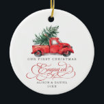 First Christmas Engaged Pre Wedding Pine Tree Ceramic Ornament<br><div class="desc">This vintage inspired Christmas ornament features gorgeous watercolor illustration of a red truck carrying a pine tree. The text fields are fully editable except for the word "Engaged". Simply remove this word by clicking the delete button and add your own text if you require a different word.</div>