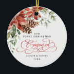First Christmas Engaged Pre Wedding Poinsettia Ceramic Ornament<br><div class="desc">This vintage inspired Christmas ornament features gorgeous watercolor illustration of holiday greenery and vibrant poinsettia. The text fields are fully editable except for the word "Engaged". Simply remove this word by clicking the delete button and add your own text if you require a different word.</div>