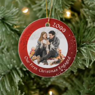 FIRST CHRISTMAS ENGAGED Red Snowflake 2 Photo Ceramic Ornament