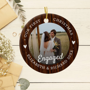 First Christmas Engaged Rustic Faux Wood 2 Photo Ceramic Ornament
