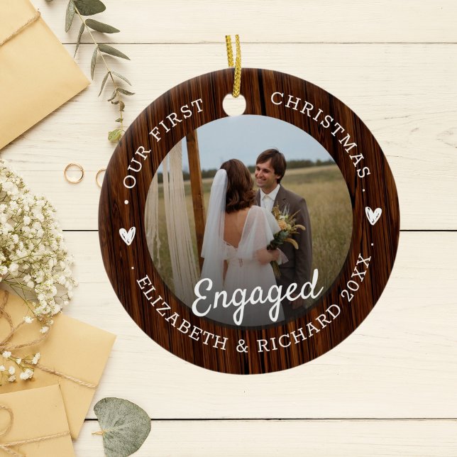 First Christmas Engaged Rustic Faux Wood 2 Photo Ceramic Ornament (Creator Uploaded)