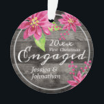 First Christmas Engaged Rustic Floral Ornament<br><div class="desc">One photo ornament with watercolor poinsettia flowers and adjustable text. Rustic wood textured background. Share your engagement photo and special moment with family and friends.</div>