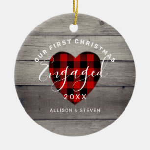 First Christmas Engaged Rustic Heart Personalised Ceramic Ornament