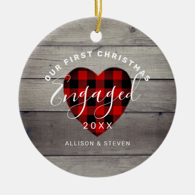 First Christmas Engaged Rustic Heart Personalised Ceramic Ornament (Front)