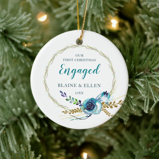 First Christmas Engaged Rustic Roses Personalised Ceramic Ornament (Tree)