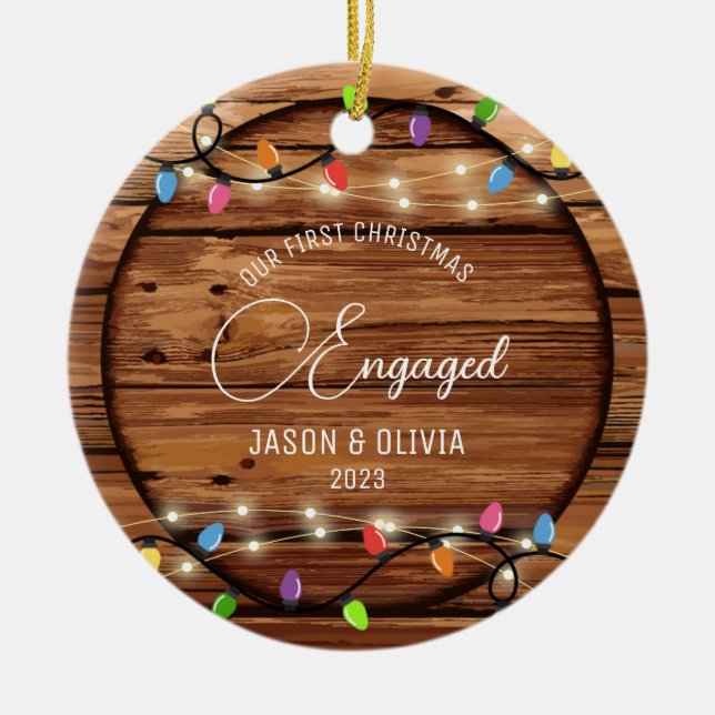 First Christmas Engaged Rustic String Light Photo Ceramic Ornament (Front)
