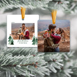 First Christmas Engaged Rustic Trees Photo Ceramic Ornament<br><div class="desc">First Christmas Engaged! Congratulations! Perfect for celebrating your engagement status or save the date in a fun, whimsical way! Cute, Modern yet Rustic Christmas Holiday Photo Square Ornaments featuring adorable little forests of rustic Christmas trees and Merry Christmas in modern typography. Add 2 of your favourite photos for the perfect...</div>