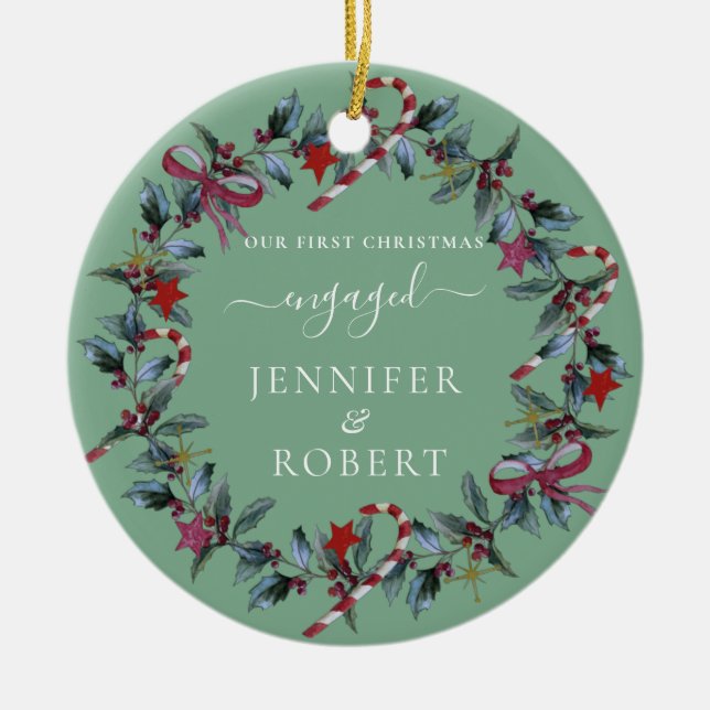First Christmas Engaged Sage Green Wreath Ceramic Ornament (Front)