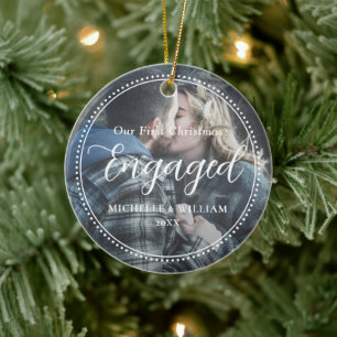 First Christmas Engaged Script Overlay Photo Ceramic Ornament